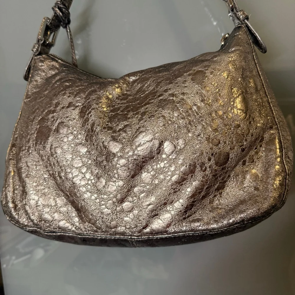 Michael Kors Leather Silver Metallic Shoulder Bag with MK Charm